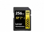 Carte mémoire SDXC Lexar Professional de 256 Go avec une vitesse de transfert de 300 MB/s, classe de vitesse V90 et UHS-II, présentée sur un fond transparent