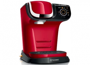 Machine à café Tassimo de couleur rouge vif avec un design moderne et un panneau de commande intuitif